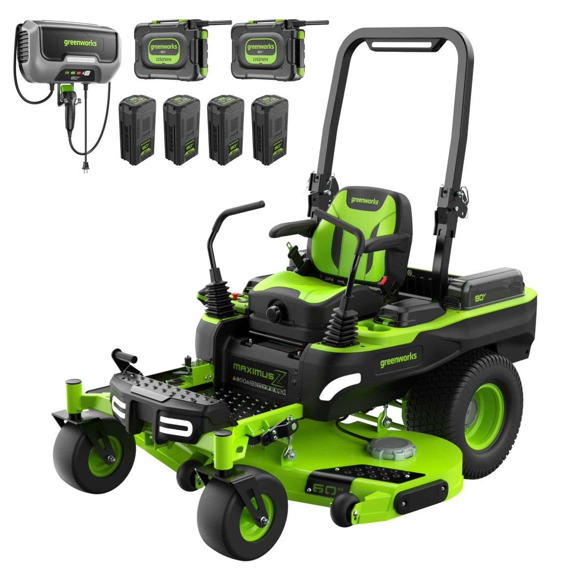 Greenworks - 80V 60" MaximusZ Zero Turn Lawn Mower, (4) 8Ah and (2) 16Ah Batteries and 1.5KW Wall Charger, MZ6081