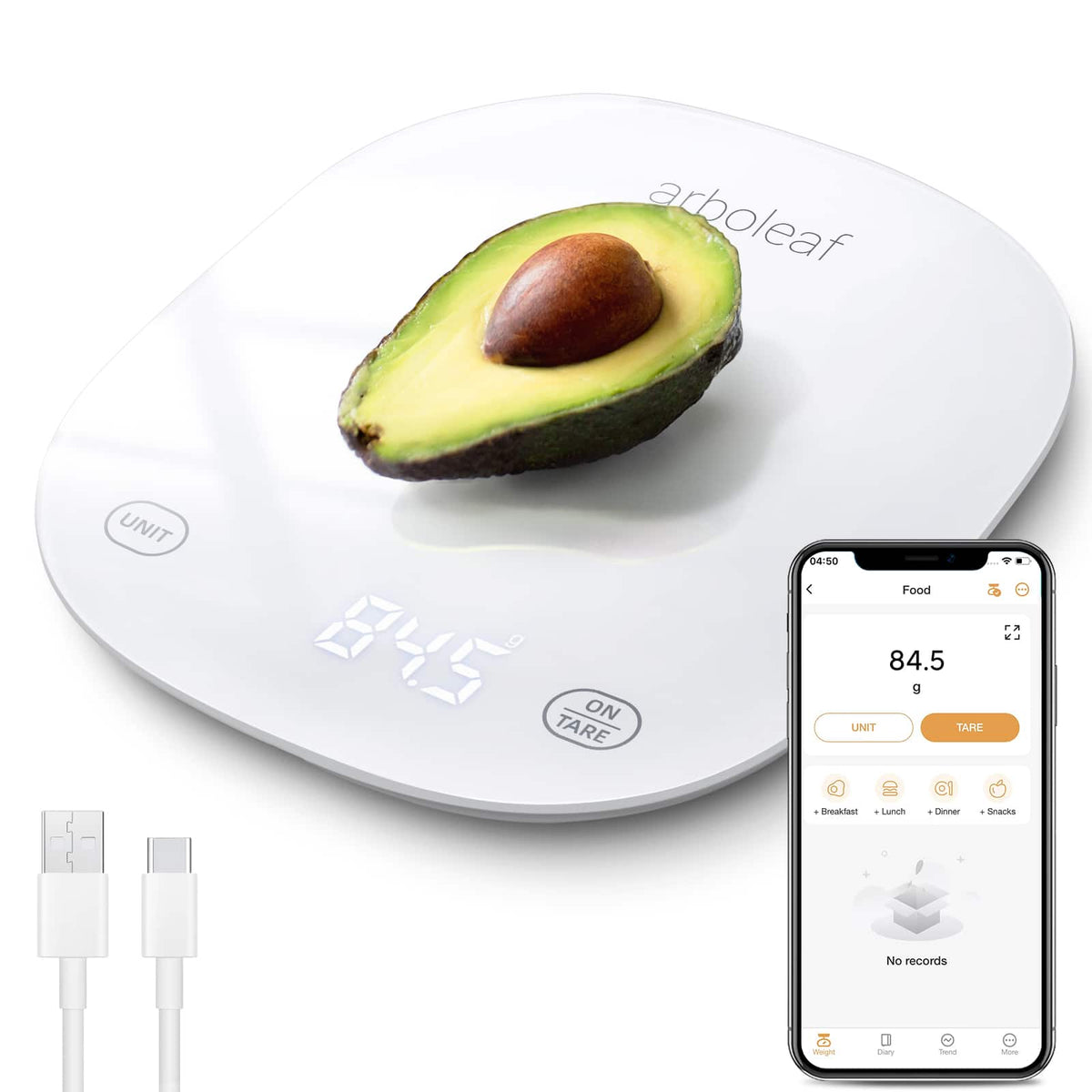 Arboleaf - Smart Food Kitchen Scale with Nutritional Calculator, USB Rechargeable, Grams and Ounces - White