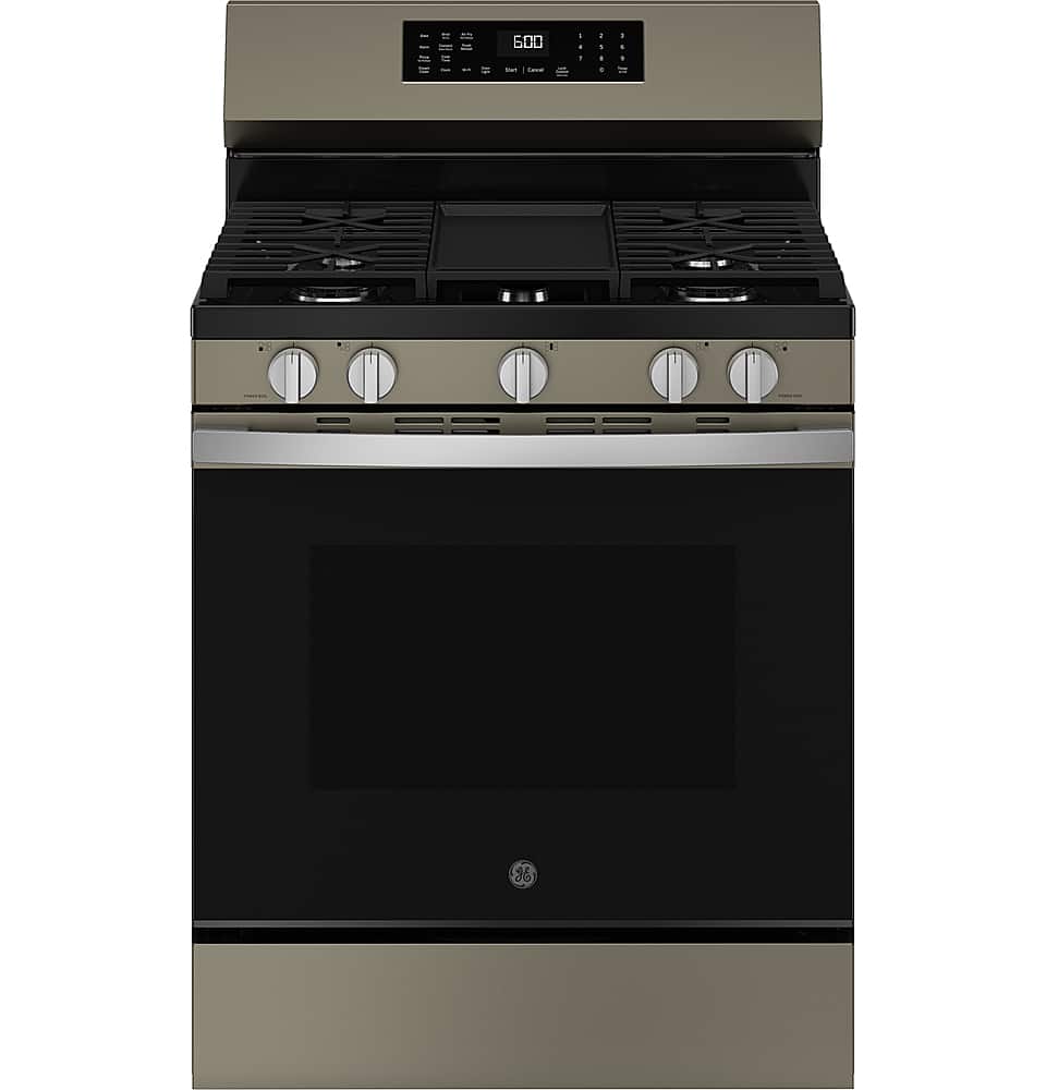 GE - 30 in. Wide 5 Burners 5.3 Cu. Ft. Freestanding Gas Convection Range with Steam Cleaning and EasyWash Oven Tray - Slate