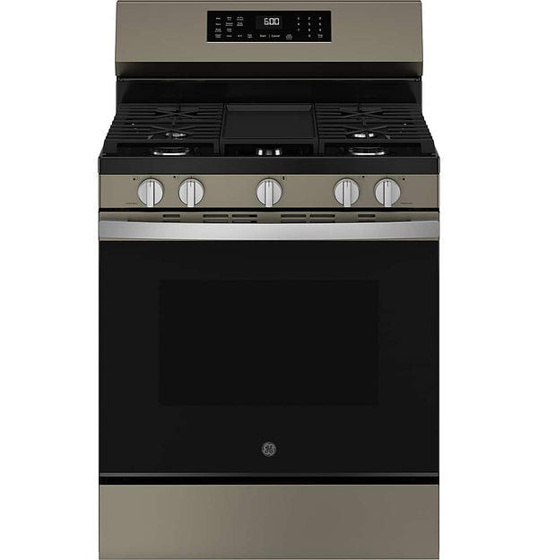 GE - 30 in. Wide 5 Burners 5.3 Cu. Ft. Freestanding Gas Convection Range with Steam Cleaning and EasyWash Oven Tray - Slate