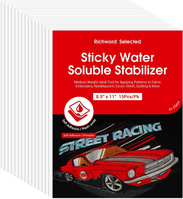 Richword Selected Sticky Water Soluble Stabilizer Medium Weight, Ideal Tool for Applying Patterns to Fabric Embroidery, Needlepunch, Cross-Stitch, Quilting & More 8.5" X 11" 15Pcs/Pk Class A+ Self-Wash-away Self-Adhesive Adhesive I RACING Self-Adhesive/Printable STREET BAI