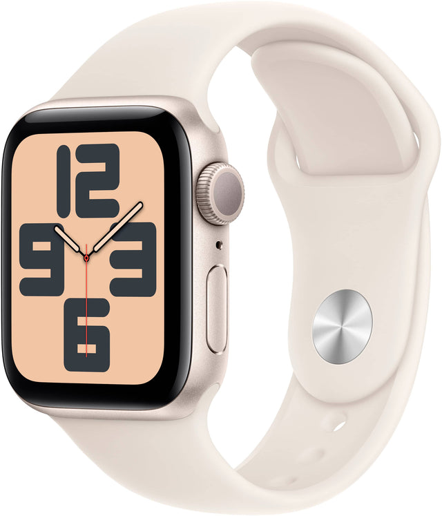 Angle. Apple - Apple Watch SE 2nd Generation (GPS) 40mm Aluminum Case with Starlight Sport Band - S/M - Starlight.