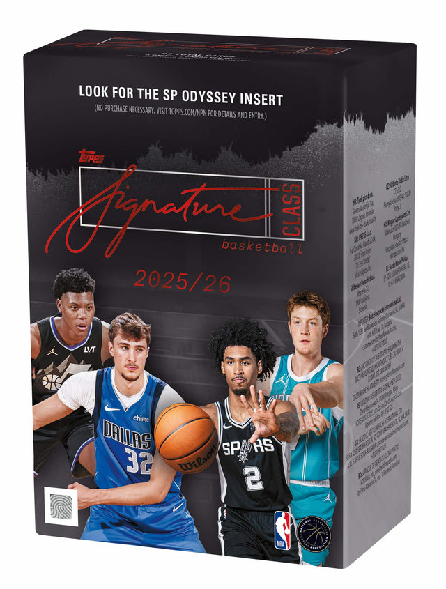 SEE | ECER - - LOOK FOR THE SP ODYSSEY INSERT (NO PURCHASE NECESSARY. VISIT TOPPS.COM/NPN FOR DETAILS AND ENTRY.) TOPPS

Signature CLASS basketball

2025/26

SP

DALLAS
32

SPURS
2

NBA