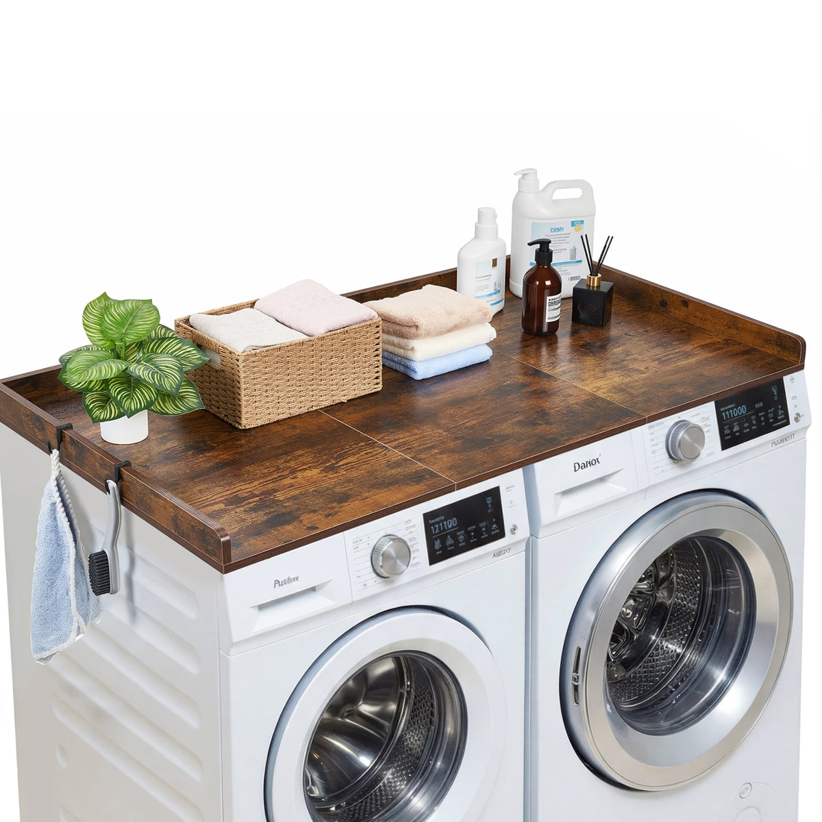 VEVOR - Washer Dryer Countertop,54 x 27.5 in Wooden Washer and Dryer Topper with Edge & 2 Hooks, Water-Resistant Laundry Machine - Brown