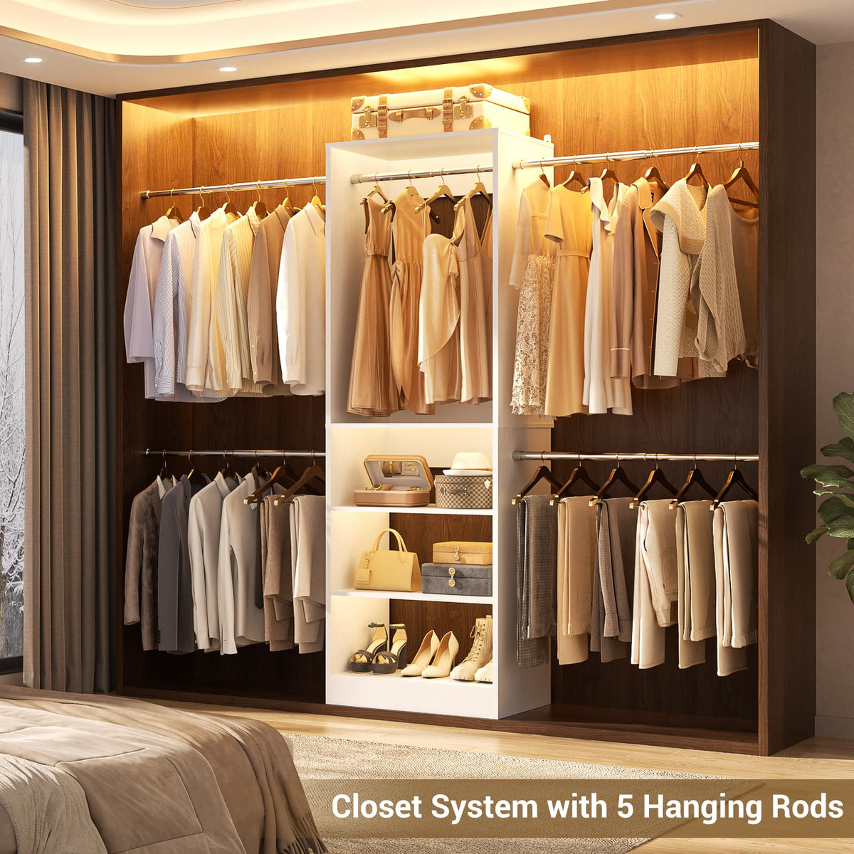 Aheaplus - 4.5-10ft Walk-In Closet Organizer: 5 Adjustable Rods & Shelving Tower, Storage System - White