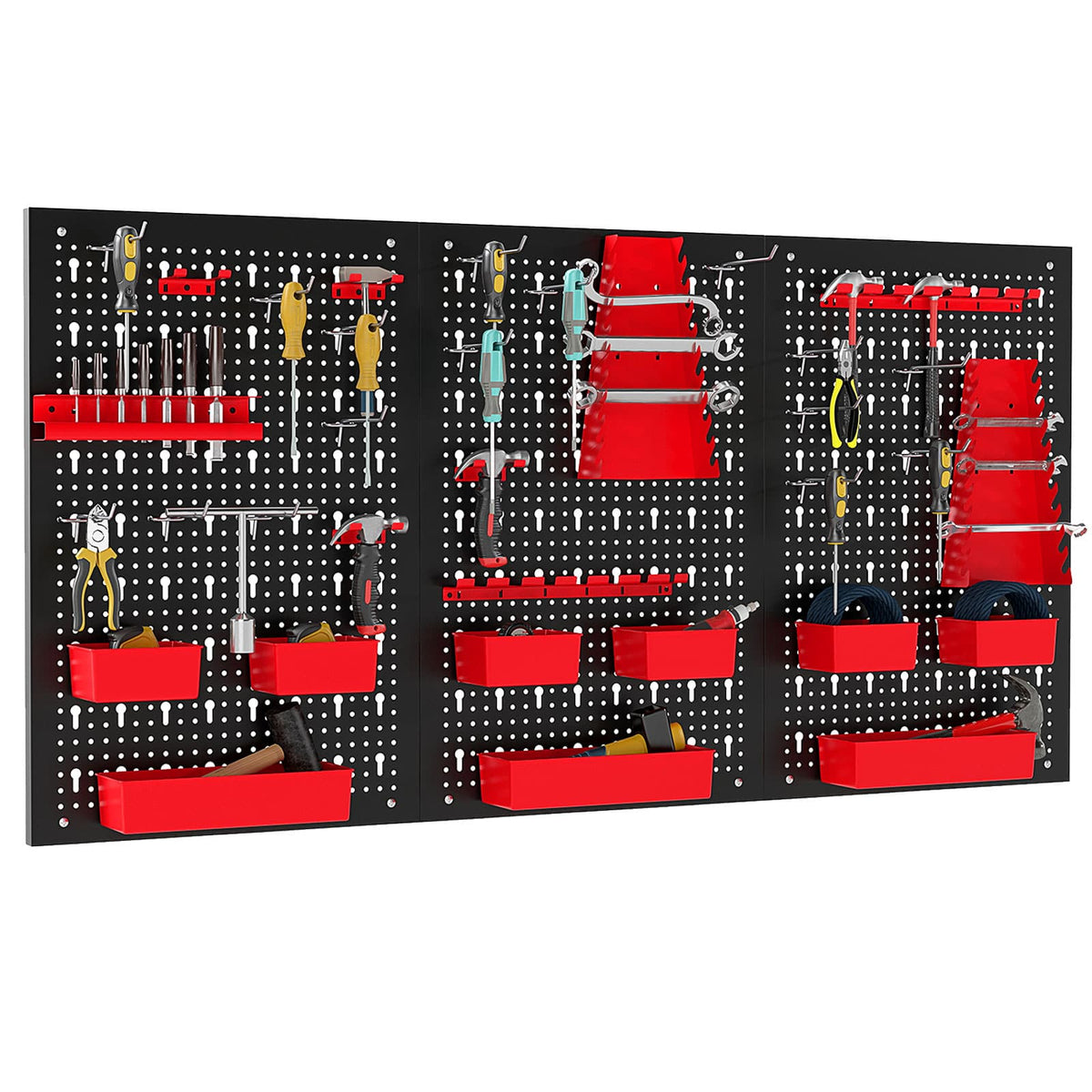 Gymax - 9-Bin Parts Rack Organizer Pegboard Wall Organizer w/ Hammer Racks Tool Holders - Red
