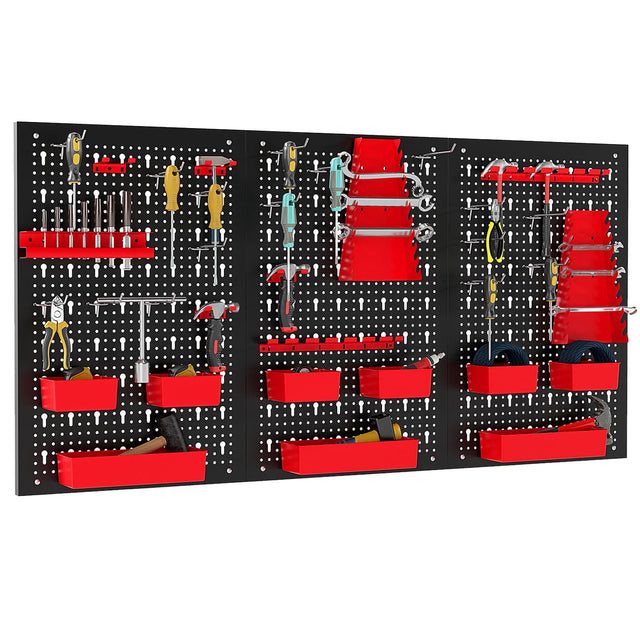 Front. Gymax - Gymax 9-Bin Parts Rack Organizer Pegboard Wall Organizer w/ Hammer Racks Tool Holders - Red.