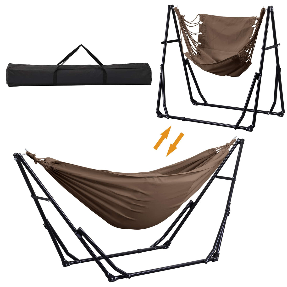 Ainfox - Foldable Hammock with Stand, 2-in-1 Hammock Swing Chair for Outdoor Patio, Portable Heavy Duty with Carrying Bag - Coffee