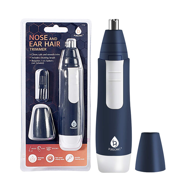 T'HG NOSE AND EAR HAIR TRIMMER Clean, safe and smooth trim Includes cleaning brush Requires AA battery (not included) PURSONIC* P PURSONIC NOSE AND EAR Washable blade BROWS - High-speed rotating blade Includes cleaning brush