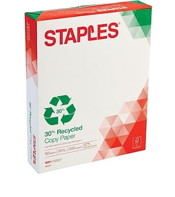 Staples - 30% Recycled 8.5" x 11" Copy Paper, 20 lbs., 92 Brightness, 500 Sheets/Ream, 1 Reams/Carton - White