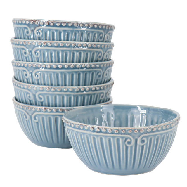 Front. Modern Southern Home - Modern Southern Home Capri 6 Piece 6 Inch Stoneware Embossed Cereal Bowl Set in Blue - Blue.