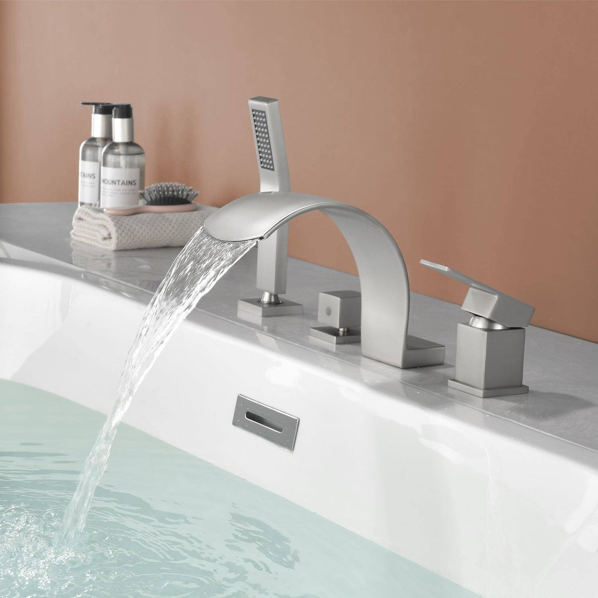 Boyel Living - Curved Cold and Hot Bathtub Faucet with Handheld Shower and Waterfall Outlet Single Handle Dual Control - Brushed Nickel