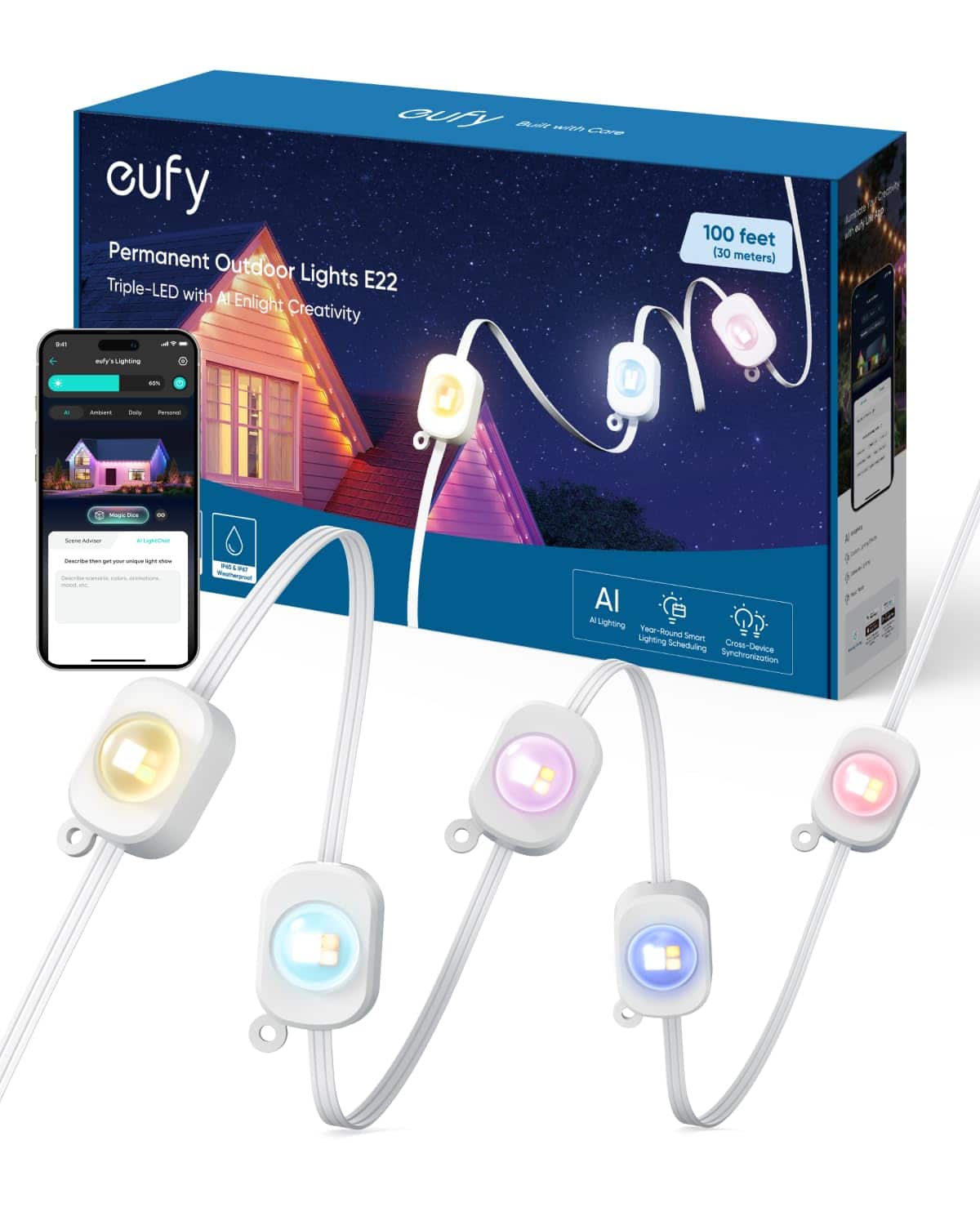 eufy - Permanent Outdoor Lights E22, 2 Pack, 200ft 120 Triple‑LED, Smart RGBWW, AI Theme, IP67,Christmas Must Have - White