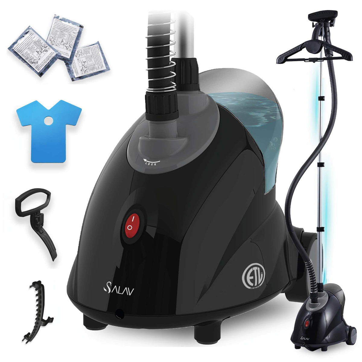 SALAV - Full Size Upright Garment Steamer With Accessory Set - Black