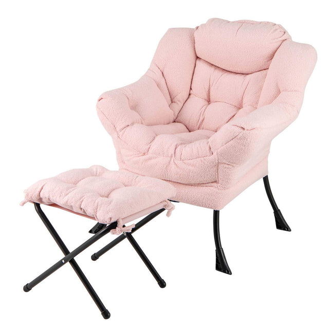 Front. Costway - Lazy Leisure Armchair with Folding Footrest and Storage Pocket - Pink.