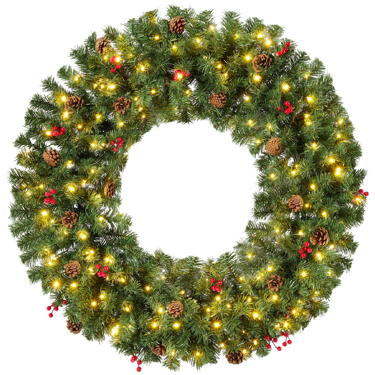 Best Choice Products - 30in Pre-Lit Christmas Wreath w/Berries & Pinecones, Large Artificial Indoor/Outdoor Decor, Plug-in - White Lights / Pre-decorated