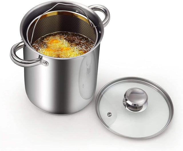 Front. Cook N Home - Basics 4Qt S/S Deep Fryer Pot with Oil Drip Drainer Rack,Glass Lid,suitable for Japanese Tempura,French Fries, Chicken - stainless steel.