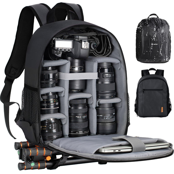 TARION - Small Camera Backpack Bag DSLR Camera Bag with 13" Laptop Compartment & Waterproof Rain Cover TBS - Black