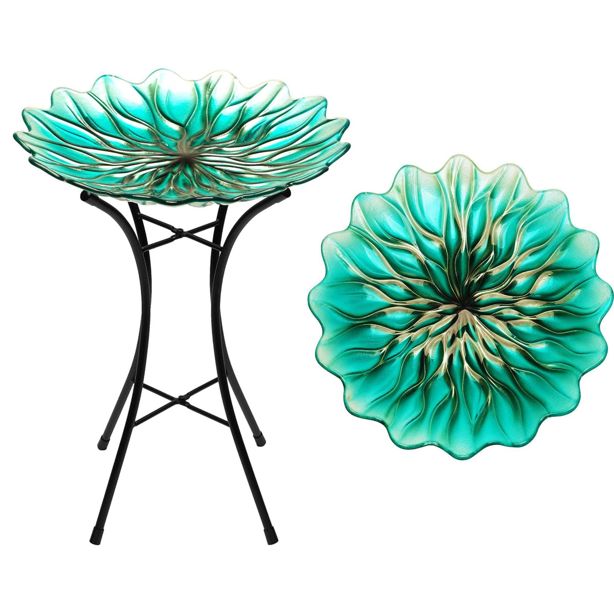 G128 - 19-Inch Glass Bird Bath with Metal Stand Decorative Outdoor Feeder Bowl - Green