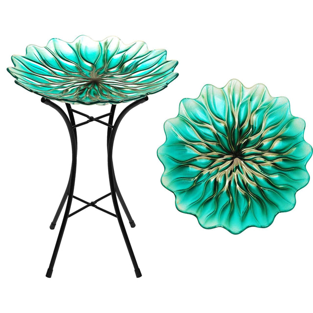 Front. G128 - 19-Inch Glass Bird Bath with Metal Stand Decorative Outdoor Feeder Bowl - Green.