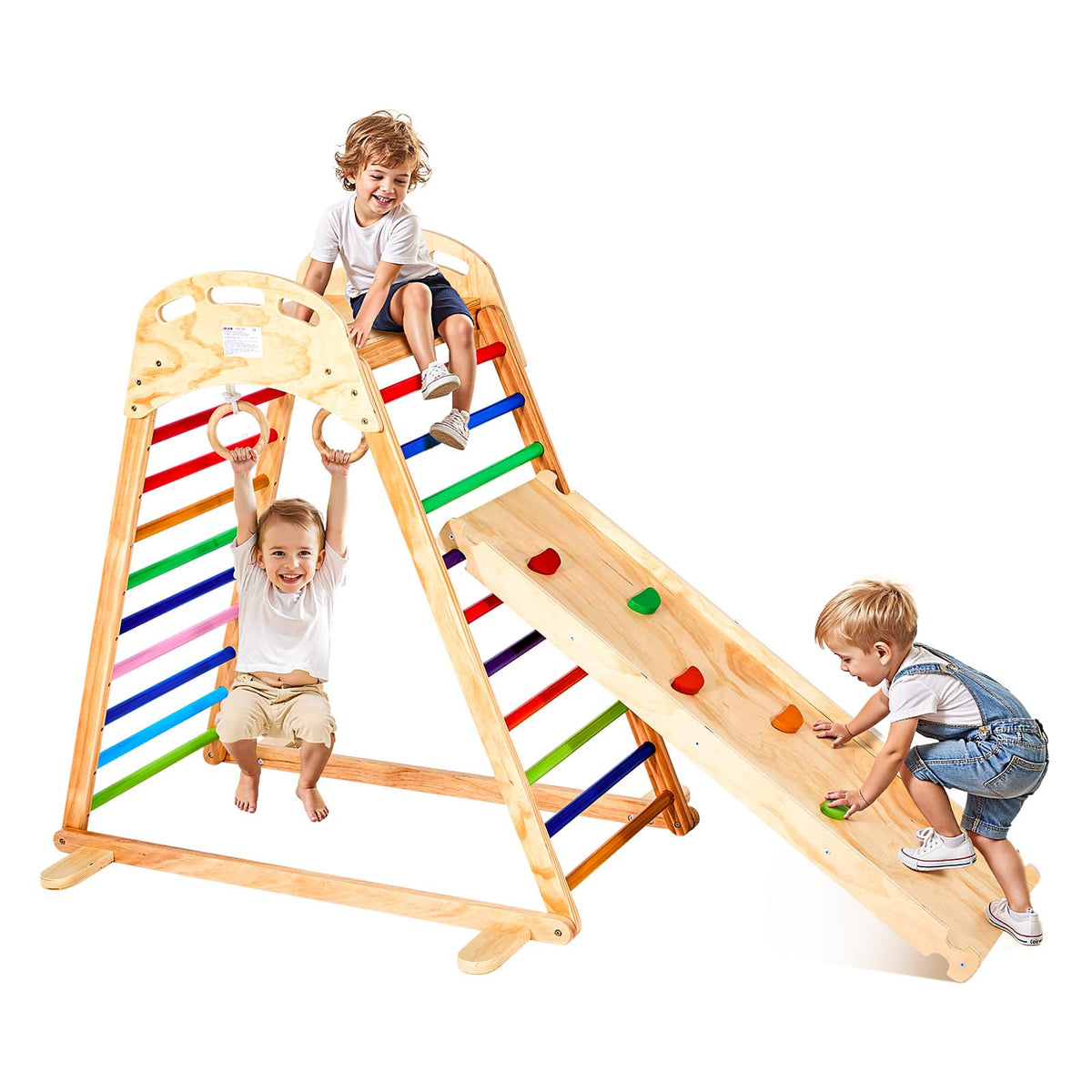 VEVOR - Indoor Wooden Playground Set, 4-in-1 Playset with Climbing Rock, Slide, Ladder & Gym Rings - color