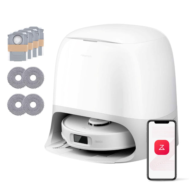 Front. Roborock - Qrevo Curv 5A1 Robot Vacuum and Mop, Effortless, Hygienic Cleaning in Every Corner, Pet and Kid Friendly - White.