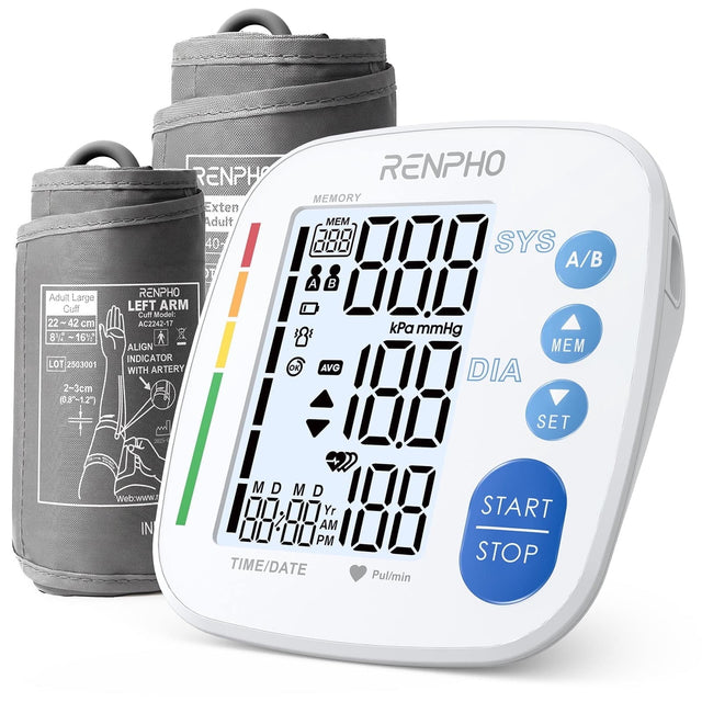 Adult Large Cuff 22~42cm 8%~16% LOT 2503001 2~3cm (0.8~1.2") RENPHO LEFT ARM Cuff Model: AC2242-17

MEM INDICATOR WITH ARTERY

ALIGN MEM

SYS A/B

DIA

kPa mmHg

MEM

SET

START STOP

Pul/min

TIME/DATE

MD MD

Yr AM PM