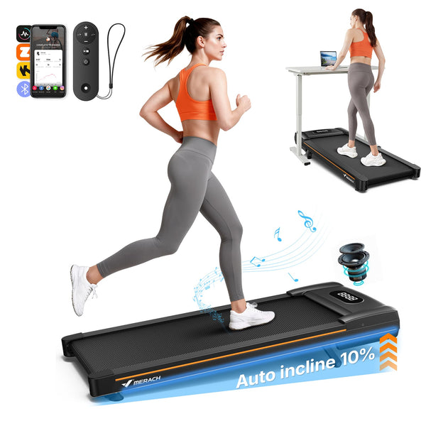 MERACH - W50 Lite Walking Pad Treadmill with 10% Auto Incline, 350lb Under Desk Pad Walking with Bluetooth Speaker - Black