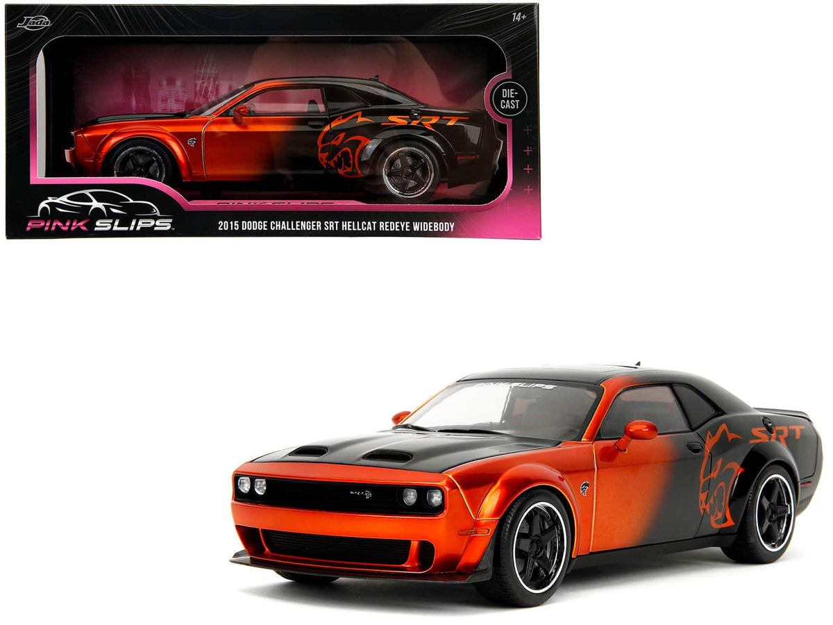 Dodge Challenger SRT Hellcat Orange Metallic & Black "Pink Slips" Series 1/18 Diecast Model Car by Jada - Multicolor