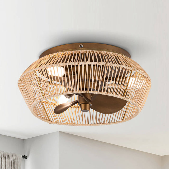Front. Parrot Uncle - 13.5" Brushed Bronze Cage Low Profile Flush Mount Ceiling Fan with Lights and Remote - Bronze.