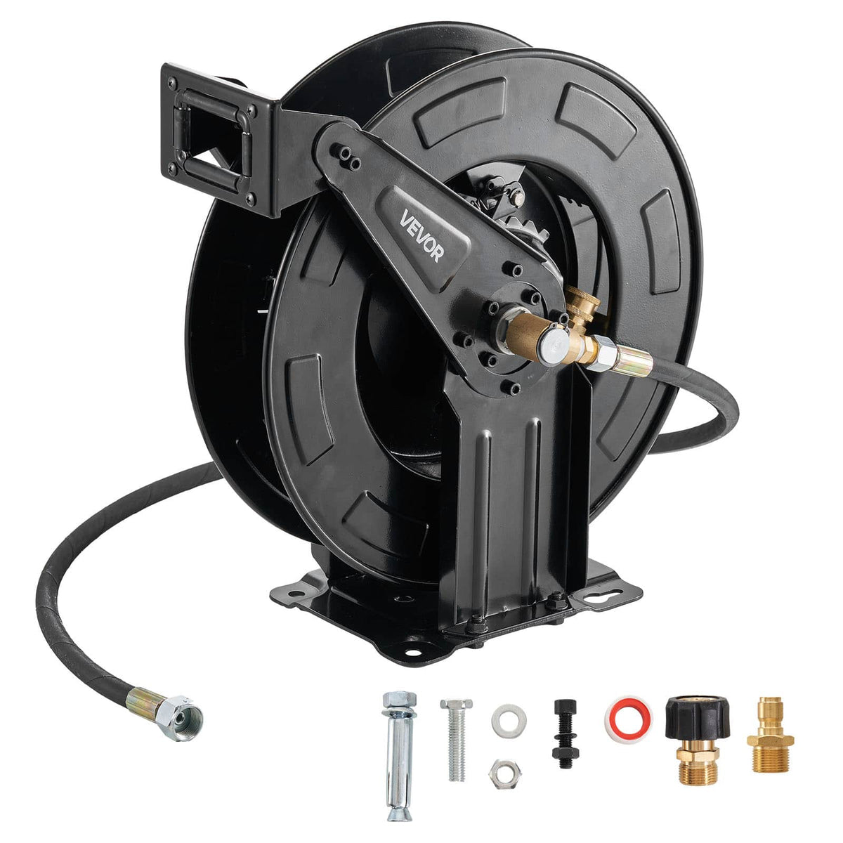 VEVOR - Pressure Washer Hose Reel, 50 ft x 3/8 inch Retractable Power Heavy-Duty Steel Washer Hose Reel, 4000PSI Max - Black