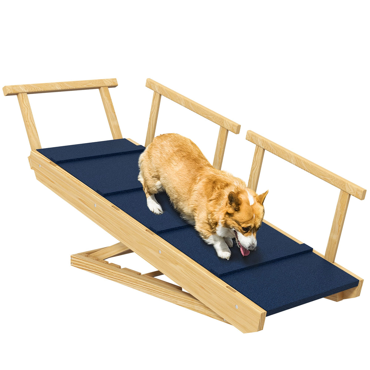 Pawhut - Dog Ramp, Adjustable 4 Height, Foldable Wooden Stairs, Non-slip Mat, for Small to Large Dogs - Natural Wood