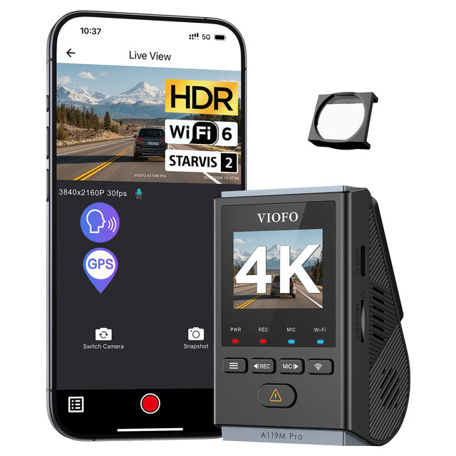 10:37 5G Live View HDR Wi-Fi 6 STARVIS 2 VIOrO A119M Pro  
3840x2160P 30fps GPS Switch Camera  
VIOFO 4K PWR REC MIC WI-Fi Snapshot  
USN-C MicroSD  
A119M Pro