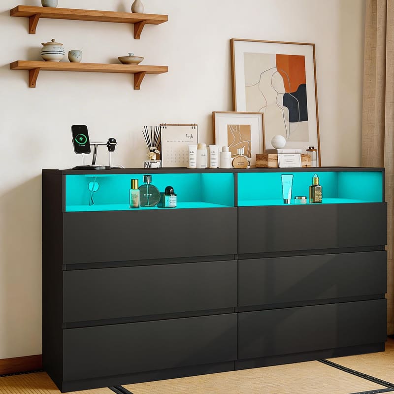 Dyonery - 6 Drawer Dresser with Power Outlet, Dresser with LED Light, Modern Chest of Drawers for Closet - Black