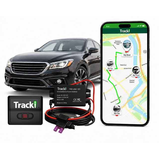 9:41  
Tracki  
all  
Dienantor Recreational Park Road  
ge  
12  
My Boat  
My Car  
West End Market Street  
Stu North  
TTETODIED  
Stre My Truck Second Central District  
Tracki  
Tracki TRK-UNC-101 Vehicle&Marine Power Stabilizer  
Input: 8V-35V DC  
Output: 5V/3A DC  
Micro USB  
CER FC  
CONTAINS XXXT-1  
Made in China  
Rosatured KODA  
Intent Street Record  
My Car