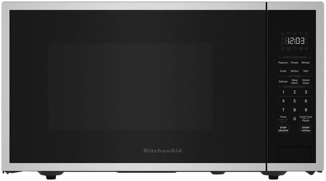 88:08 AUTO FUNCTIONS  
Popcorn Potato Reheat Cook Soften Melt  
OPTIONS  
Keep Steam Defrost Warm Clean  
EXPRESS START  
1 2 3 4 5 6 7 8 9  
Timer Hold to Set  
0 Cook Time Power  
STOP UNLOCK START +30 Sec  
KitchenAid