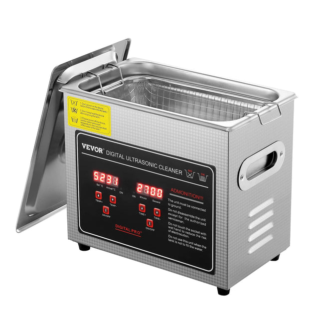 VEVOR DIGITAL ULTRASONIC CLEANER

ADMONITION!!!
The unit must be connected to ground.
Do not disassemble the unit.
Do not touch the servideman.
Do not use the unit when the tank is not filled with water.
Do not touch the socket with wet hand to reduce the risk of electrocution.