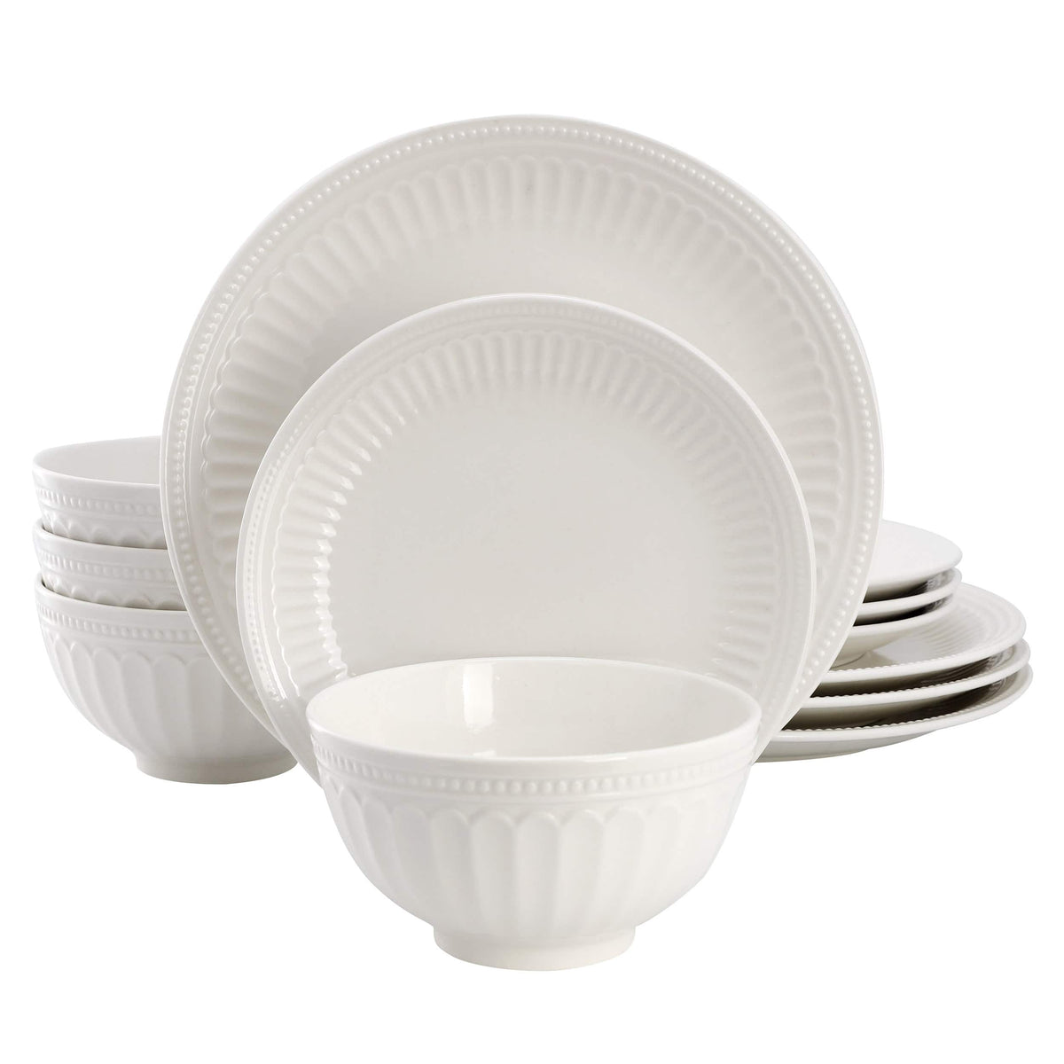 Elama - Gabriella 12 Piece Stoneware Dinnerware Set, Service for 4 - White