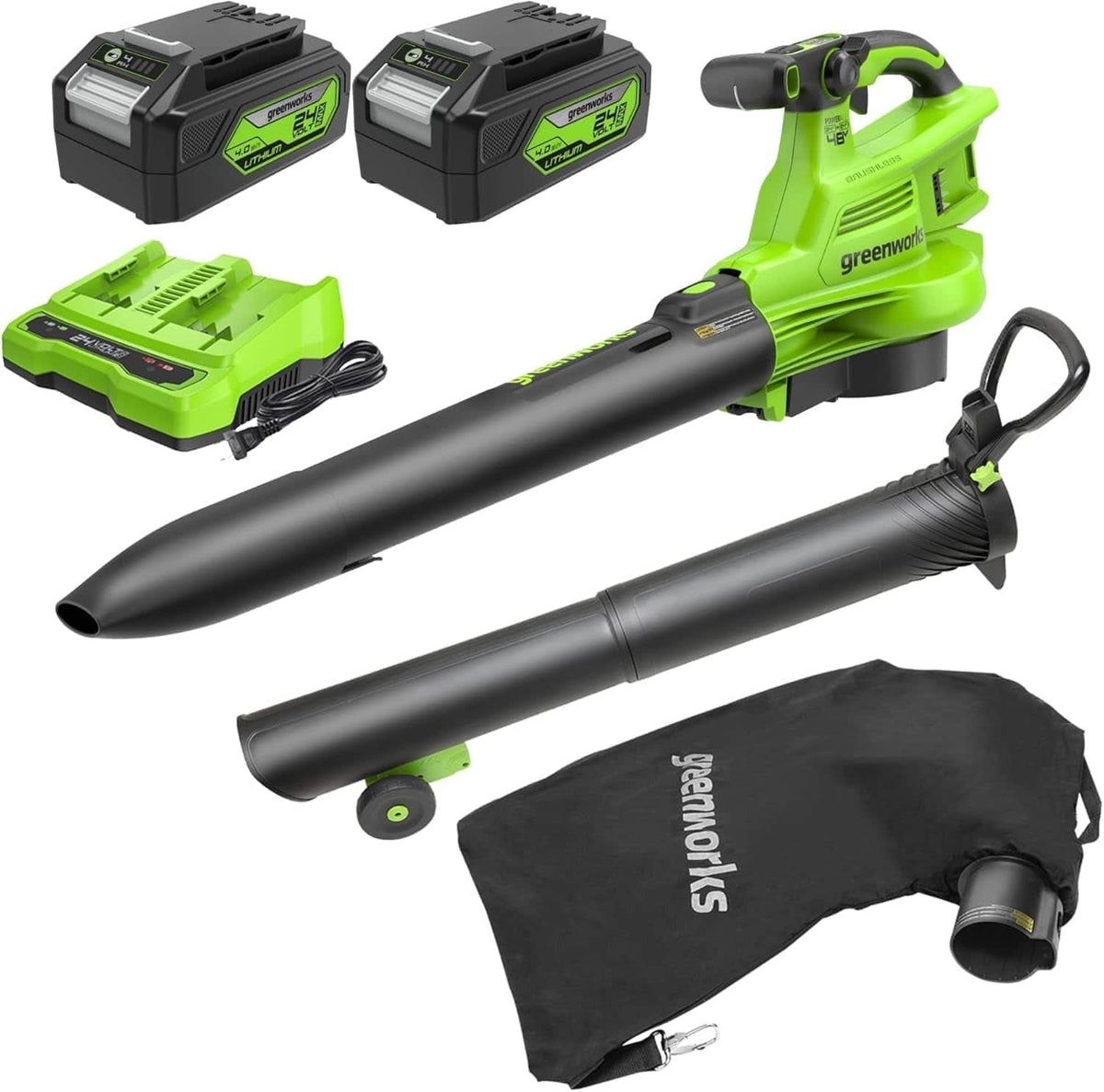 Greenworks - 48V (24V x 2) 520 CFM Brushless Leaf Blower/Vacuum, with (2) 4.0Ah Batteries and Dual Port Charger - Green