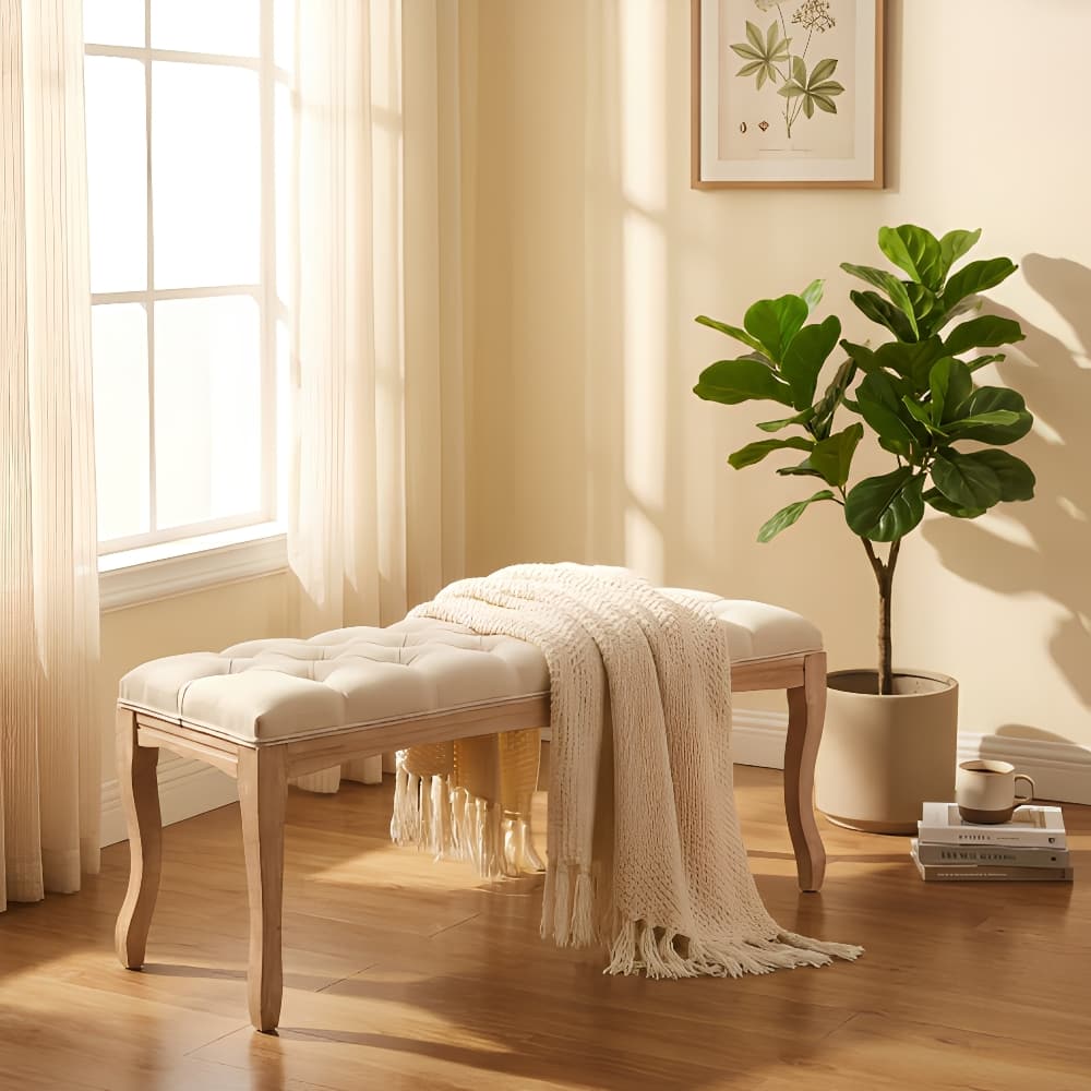 Ropilly - French Vintage Tufted Bedroom Bench, Upholstered Entryway End of Bed Ottoman Seat with Wood Legs - Beige