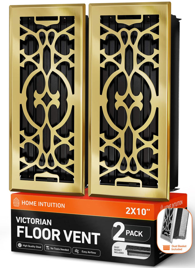 HOME INTUITION  
VICTORIAN FLOOR VENT 2X10"  
2 PACK  
High Quality Steel  
No Tools Needed  
Easy Airflow  
Dust Basket Included