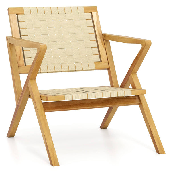 Gymax - Teak Wood Patio Chair w/Webbing Seat & Backrest Mid-century Accent Chair - Yellow