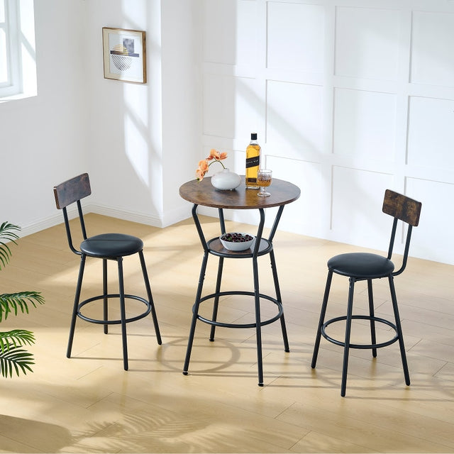 Front. Loheer - Loheer Round Bar Table Set Rustic Brown Upholstered Bar Stools Small Space Bar Set Iron Frame Bar Furniture - Rustic Brown.