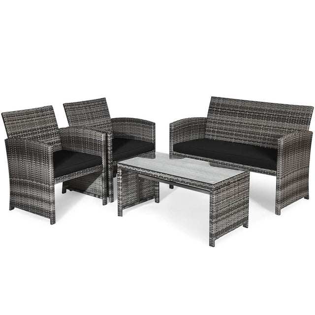 Front. Costway - Costway 4PCS Patio Rattan Furniture Set Conversation Glass Table Top Sofa Cushioned, - Black.