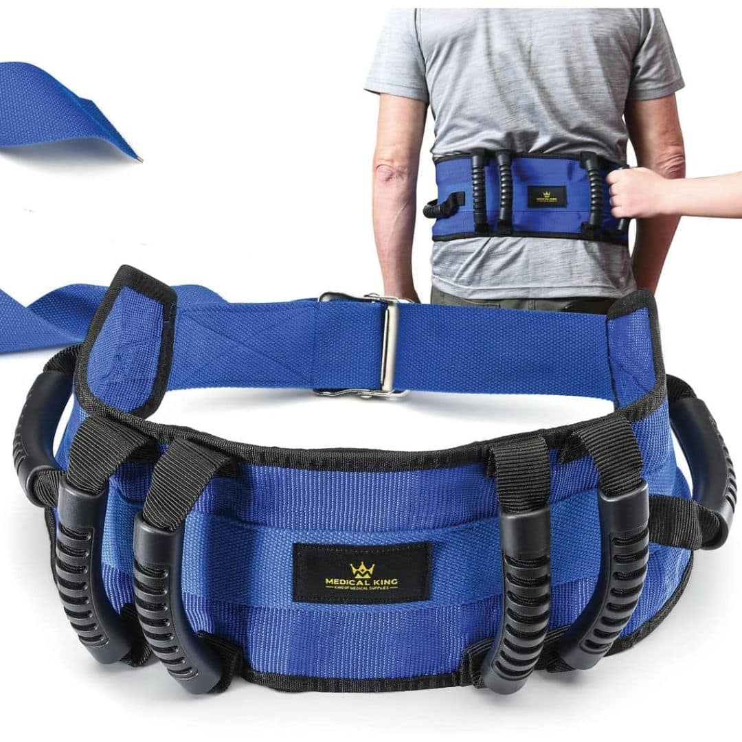 Medical King - Transfer Belt with 6 Handles Gait Belt with Release Metal Buckle 56'' Long Holds Up 500 LBS - Blue