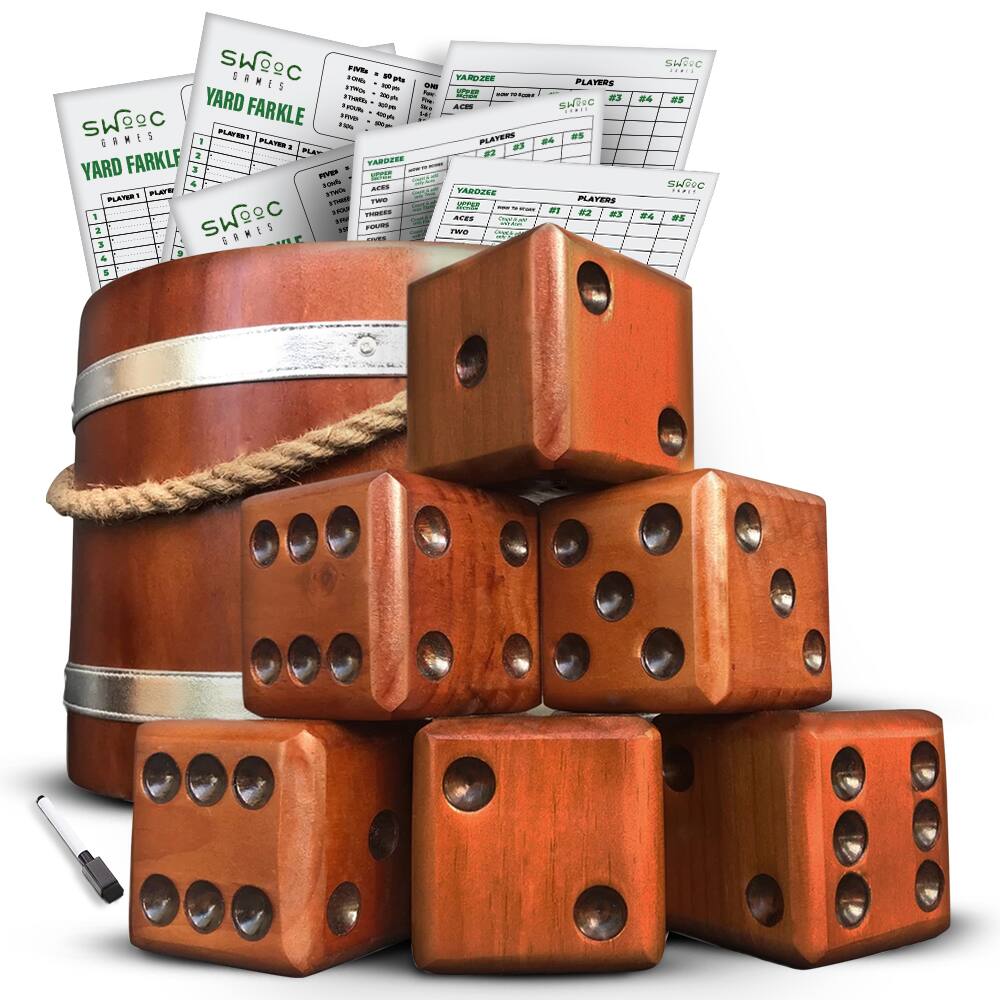 Swooc Games - Yardzee, Farkle, & 20+ Games - Giant Yard Dice Set (All Weather) with Wooden Bucket, 5 Big Laminated Scorecards & Marker - Brown