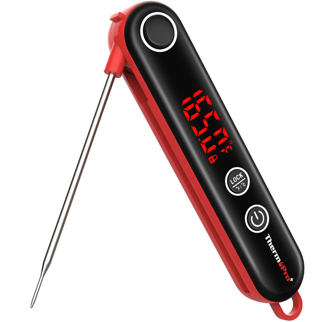 "Therm Pro +" is a thermometer that can be used to measure temperatures. It has a red and black design and features a digital display. The device can be used to measure temperatures in both Celsius and Fahrenheit. It is a compact and portable device that can be easily carried around in a pocket or bag. The thermometer is designed to provide accurate temperature readings and is suitable for various applications, such as checking the temperature of food or water, monitoring the body temperature of a person, o
