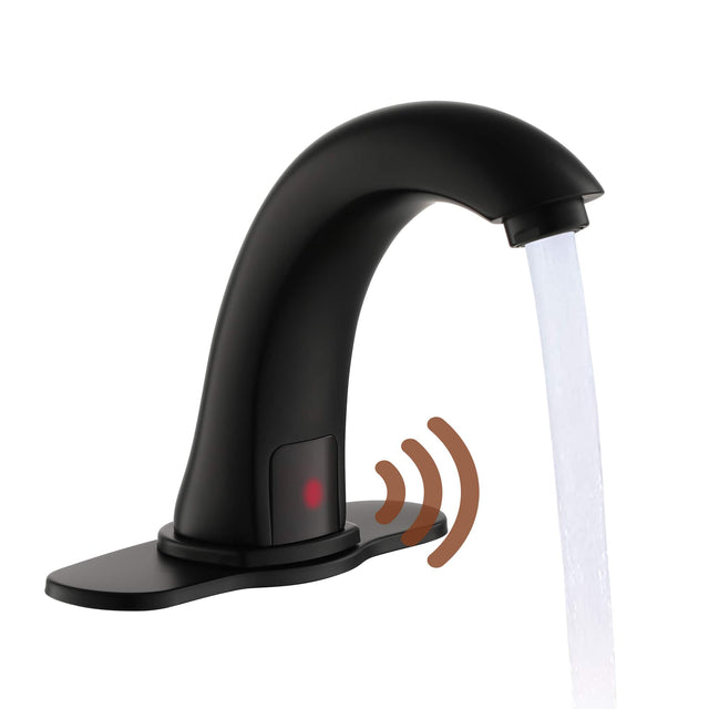 Front. Mondawe - Single Hole Touchless Sensor Bathroom Sink Faucet with Deck Plate - Matte Black.