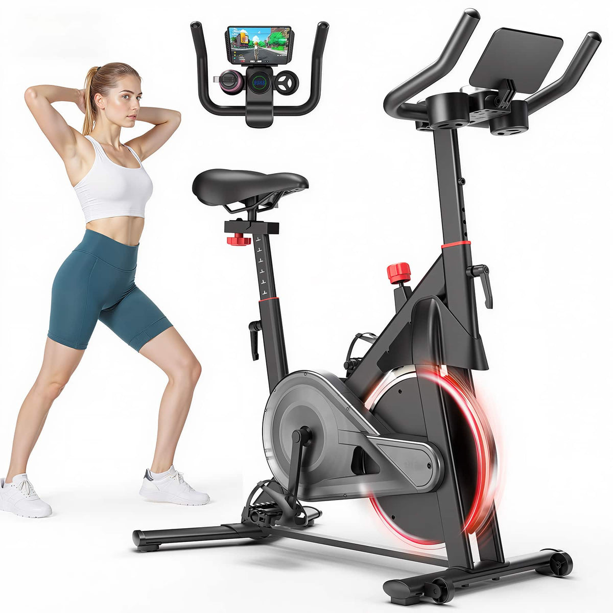 Superun - Exercise Bike, Indoor Cycling Bike with 32 Levels of Adjustable Magnetic Stationary Bike - Blackred