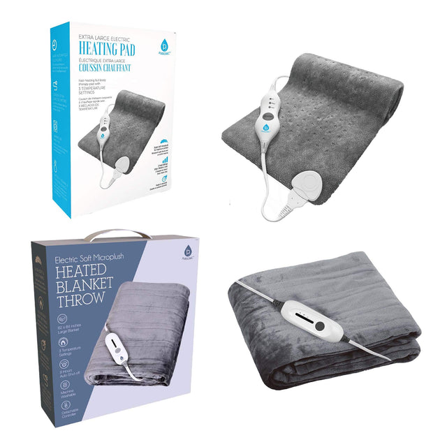 **Top Left:**
- EXTRA LARGE ELECTRIC HEATING PAD
- ELECTRIQUE EXTRA LARGE COUSSIN CHAUFFANT
- Full heating All body
- 3 TEMPERATURE SETTINGS
- 3 TEMPERATURES
- 8 Hour Auto Shut Off
- 8 Heures Auto Arrêt
- Electric Soft Microplush HEATED BLANKET THROW
- 62 x 84 inches
- Large Blanket
- 3 Temps
- 8 Heures Auto Arrêt
- Microfleece
- Contrôleur

**Bottom Left:**
- Electric Soft Microplush
- HEATED BLANKET THROW
- 62 x 84 inches
- Large Blanket
- 3 Temps
- 8 Heures Auto Arrêt
- Microfleece
- Contrôleur

**Top Ri